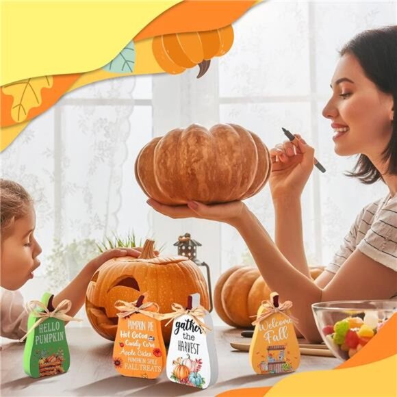 New 4pcs Fall Tiered Tray Decor - Rustic Pumpkins & Signs for Thanksgiving Table - Picture 6 of 8